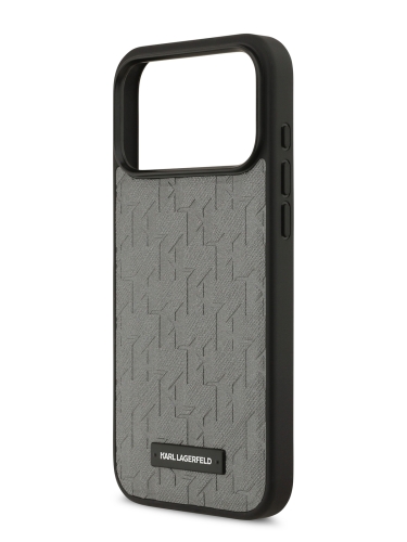 Karl Lagerfeld для iPhone 17 Pro чехол PU Saffiano Monogram Metal Plate logo Hard Grey (MagSafe)