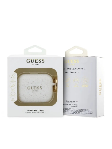 Guess для Airpods Pro 3  чехол Silicone with ring Glitter/White