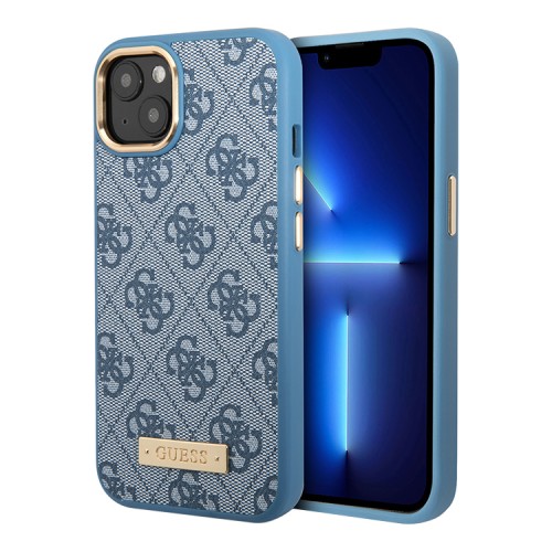 Чехол Guess PU 4G Plate metal logo Hard для iPhone 13, голубой (Magsafe)
