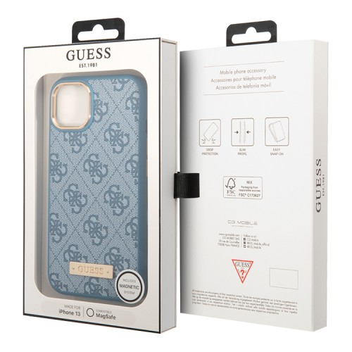 Чехол Guess PU 4G Plate metal logo Hard для iPhone 13, голубой (Magsafe)