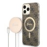 Комплект Guess Bundle чехол 4G MagSafe для iPhone 13 Pro Max + зарядное Magsafe wireless charger, коричневый/золотой