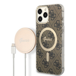 Комплект Guess Bundle чехол 4G MagSafe для iPhone 13 Pro Max + зарядное Magsafe wireless charger, коричневый/золотой