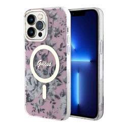 Чехол Guess Flower Hard для iPhone 14 Pro Max, розовый/золотой (MagSafe)
