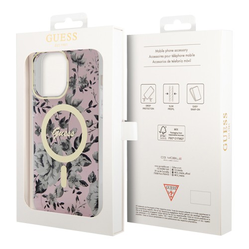 Чехол Guess Flower Hard для iPhone 14 Pro Max, розовый/золотой (MagSafe)
