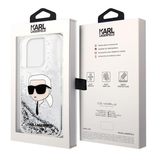 Karl Lagerfeld для iPhone 15 Pro Max чехол Liquid Glitter NFT Karl head Hard Silver