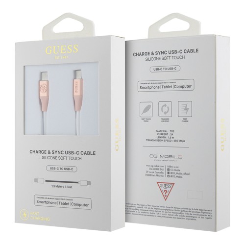 Guess кабель Silicone with Aluminium USB-C to USB-C 1.5m Pink