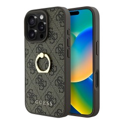 Guess для iPhone 16 Pro Max чехол PU кожа 4G +кольцо держатель, коричневый