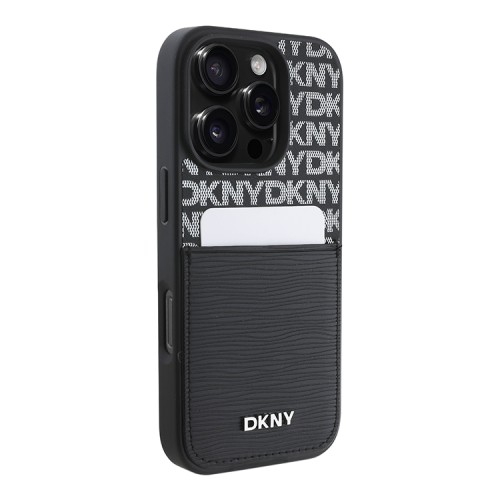 DKNY для iPhone 16 Pro Max чехол PU Repeat texture with Cardslot Metal logo Hard Black