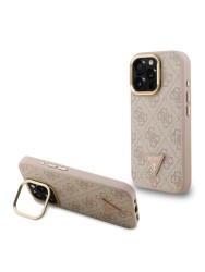 Guess для iPhone 16 Pro Max чехол PU 4G Triangle metal logo and Camera Stand Hard Pink (MagSafe)