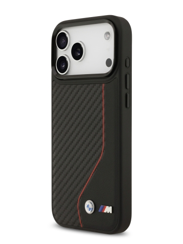 BMW для iPhone 17 Pro чехол M-series PU Carbon/Smooth Metal logo Hard Black/Red (MagSafe)