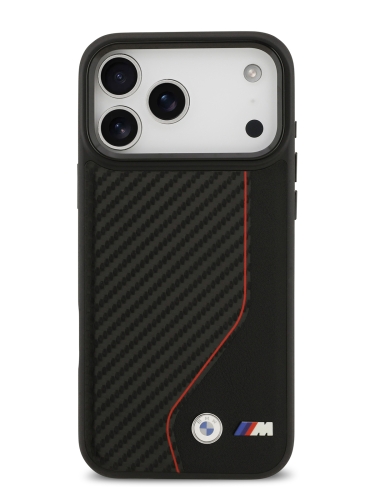 BMW для iPhone 17 Pro чехол M-series PU Carbon/Smooth Metal logo Hard Black/Red (MagSafe)