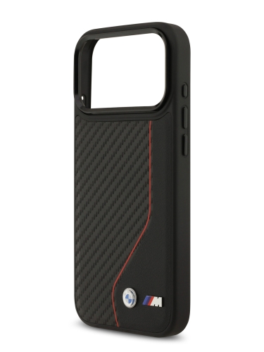 BMW для iPhone 17 Pro чехол M-series PU Carbon/Smooth Metal logo Hard Black/Red (MagSafe)