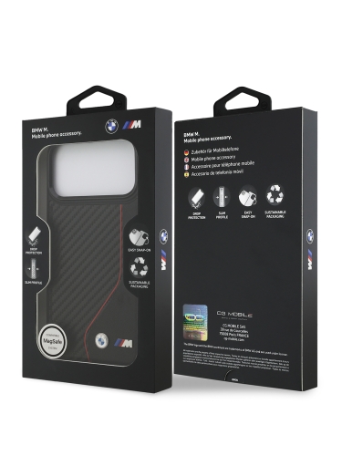 BMW для iPhone 17 Pro чехол M-series PU Carbon/Smooth Metal logo Hard Black/Red (MagSafe)