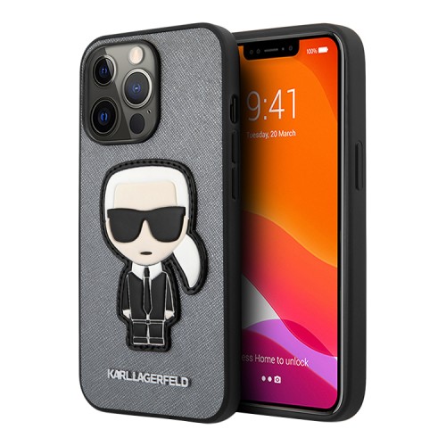 Чехол Karl Lagerfeld PU Saffiano Ikonik Patch (metal) Hard для iPhone 13 Pro, серебристый