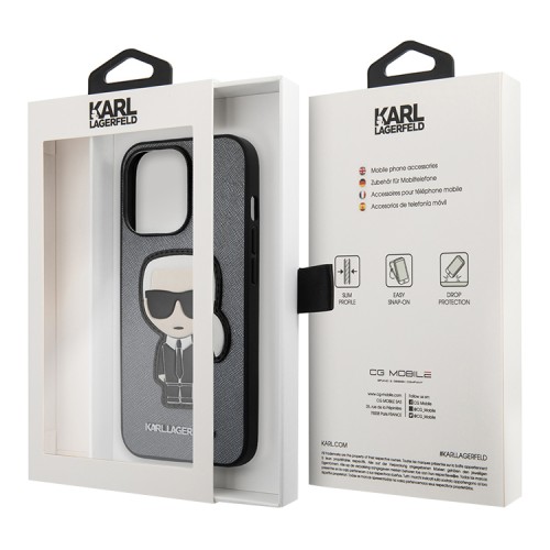 Чехол Karl Lagerfeld PU Saffiano Ikonik Patch (metal) Hard для iPhone 13 Pro, серебристый