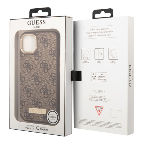 Чехол Guess PU 4G Plate metal logo Hard для iPhone 13, коричневый (Magsafe)