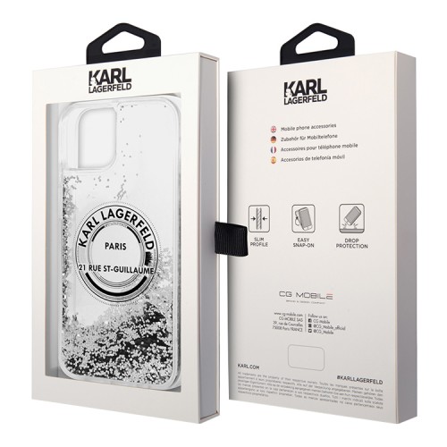 Чехол Lagerfeld Liquid glitter RSG logo Hard для iPhone 14, серебристый