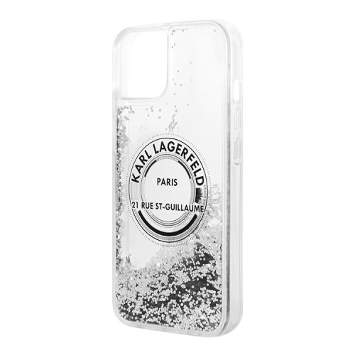 Чехол Lagerfeld Liquid glitter RSG logo Hard для iPhone 14, серебристый