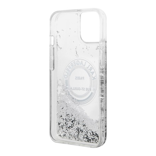 Чехол Lagerfeld Liquid glitter RSG logo Hard для iPhone 14, серебристый