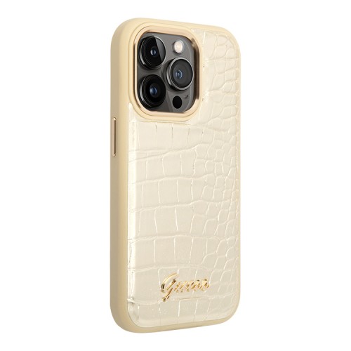 Чехол Guess PU Croco metal logo Hard для iPhone 14 Pro Max, золотой