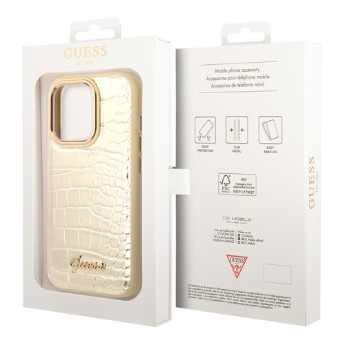 Чехол Guess PU Croco metal logo Hard для iPhone 14 Pro Max, золотой