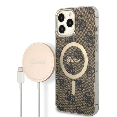 Комплект Guess Bundle чехол 4G MagSafe для iPhone 13 Pro + зарядное Magsafe wireless charger, коричневый/золотой