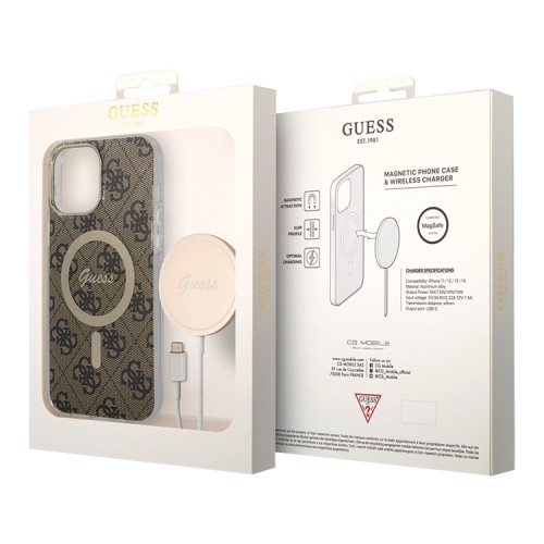 Комплект Guess Bundle чехол 4G MagSafe для iPhone 13 Pro + зарядное Magsafe wireless charger, коричневый/золотой