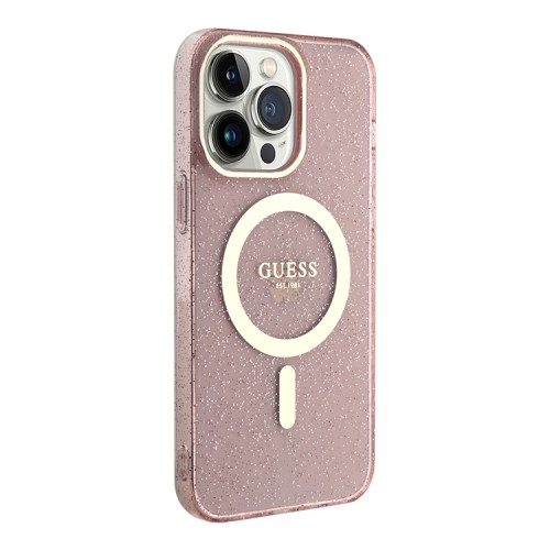 Чехол Guess Glitter Metal outline Hard для iPhone 14 Pro Max, розовый/золотой (MagSafe)