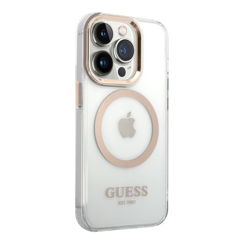 Guess для iPhone 15 Pro чехол PC/TPU Metal outline Hard Transparent/Gold (MagSafe)