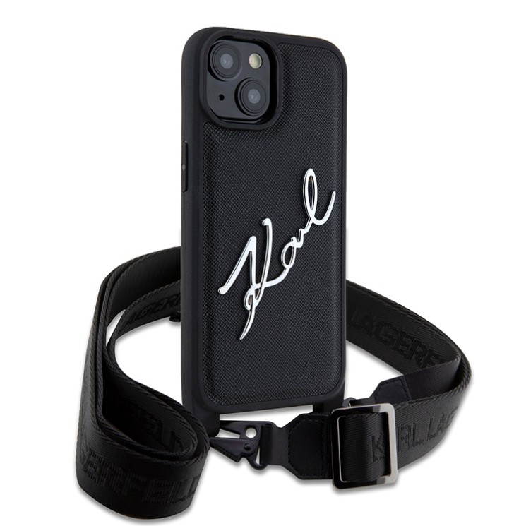 Karl Lagerfeld для iPhone 15 чехол Crossbody PU Saffiano Autograph Hard Black