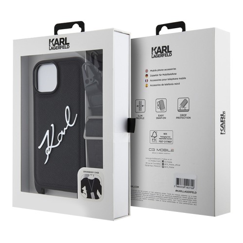 Karl Lagerfeld для iPhone 15 чехол Crossbody PU Saffiano Autograph Hard Black