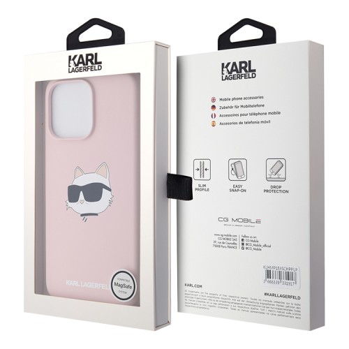 Karl Lagerfeld для iPhone 15 Pro чехол Liquid Silicone NFT Choupette Head Hard Pink (MagSafe)