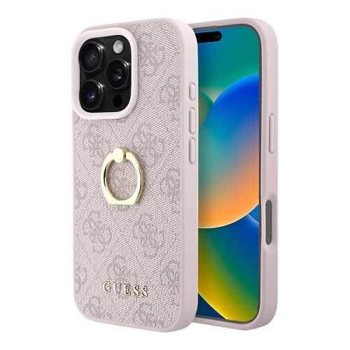 Guess для iPhone 16 Pro Max чехол PU кожа 4G +кольцо держатель, розовый