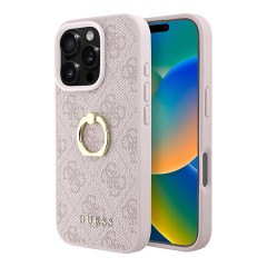 Guess для iPhone 16 Pro Max чехол PU кожа 4G +кольцо держатель, розовый
