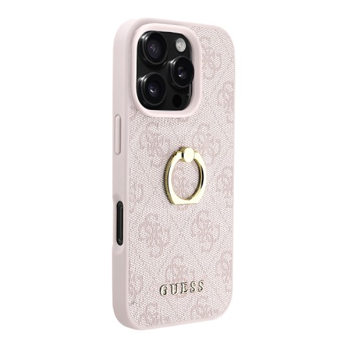 Guess для iPhone 16 Pro Max чехол PU кожа 4G +кольцо держатель, розовый