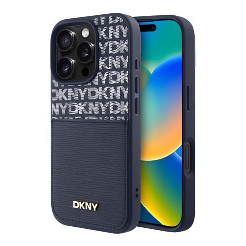 DKNY для iPhone 16 Pro Max чехол PU Repeat texture with Cardslot Metal logo Hard Blue