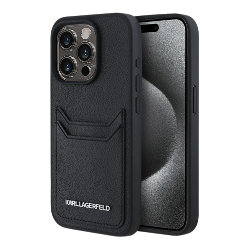 Karl Lagerfeld для iPhone 15 Pro Max чехол Cardslot PU Grained leather Metal Long logo Hard Black