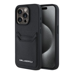 Karl Lagerfeld для iPhone 15 Pro Max чехол Cardslot PU Grained leather Metal Long logo Hard Black