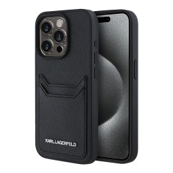 Karl Lagerfeld для iPhone 15 Pro Max чехол Cardslot PU Grained leather Metal Long logo Hard Black