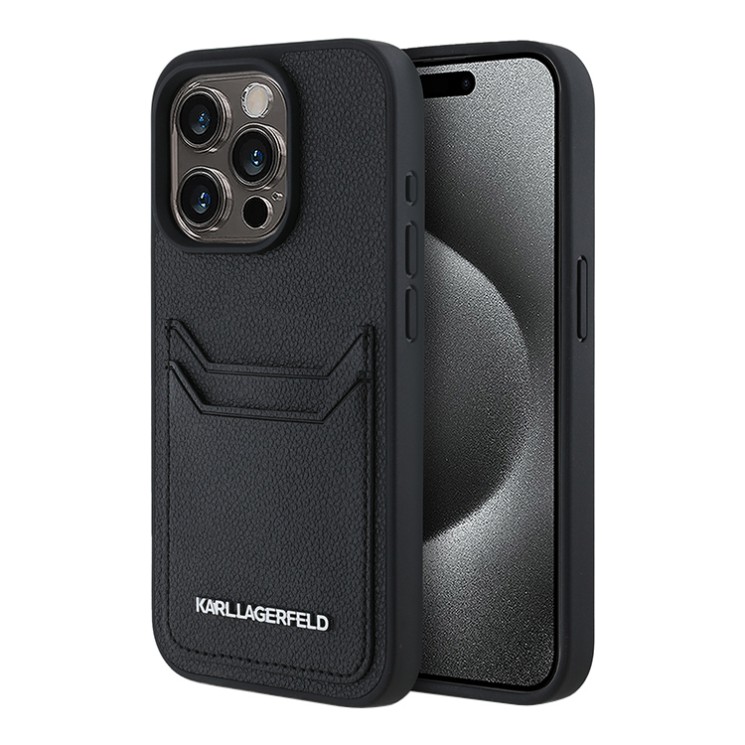 Karl Lagerfeld для iPhone 15 Pro Max чехол Cardslot PU Grained leather Metal Long logo Hard Black