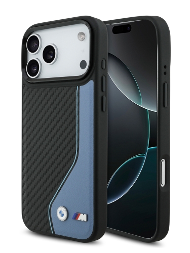BMW для iPhone 17 Pro Max чехол M-series PU Carbon/Smooth Metal logo Hard Black/Blue (MagSafe)
