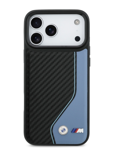 BMW для iPhone 17 Pro Max чехол M-series PU Carbon/Smooth Metal logo Hard Black/Blue (MagSafe)
