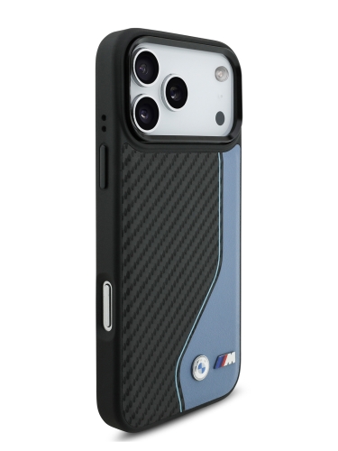 BMW для iPhone 17 Pro Max чехол M-series PU Carbon/Smooth Metal logo Hard Black/Blue (MagSafe)