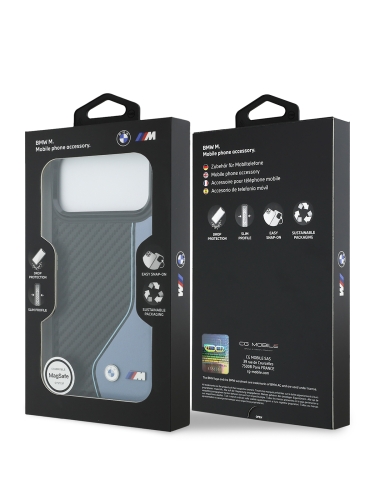BMW для iPhone 17 Pro Max чехол M-series PU Carbon/Smooth Metal logo Hard Black/Blue (MagSafe)