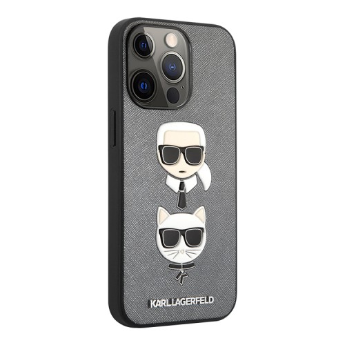 Чехол Karl Lagerfeld PU Saffiano Karl and Choupette Hard для iPhone 13 Pro, серебристый