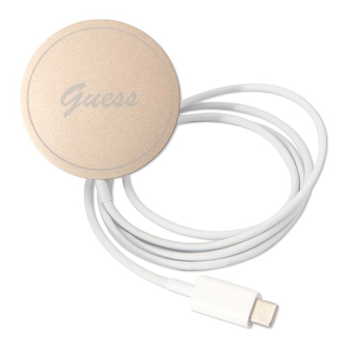 Комплект Guess Bundle чехол 4G MagSafe для iPhone 14 Plus + зарядное Magsafe wireless charger, коричневый/золотой