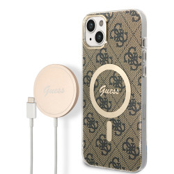 Комплект Guess Bundle чехол 4G MagSafe для iPhone 14 Plus + зарядное Magsafe wireless charger, коричневый/золотой