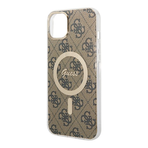 Комплект Guess Bundle чехол 4G MagSafe для iPhone 14 Plus + зарядное Magsafe wireless charger, коричневый/золотой