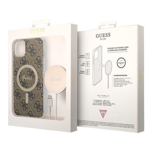 Комплект Guess Bundle чехол 4G MagSafe для iPhone 14 Plus + зарядное Magsafe wireless charger, коричневый/золотой