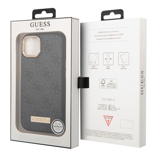Чехол Guess PU 4G Plate metal logo Hard для iPhone 14 Plus, серый (Magsafe)